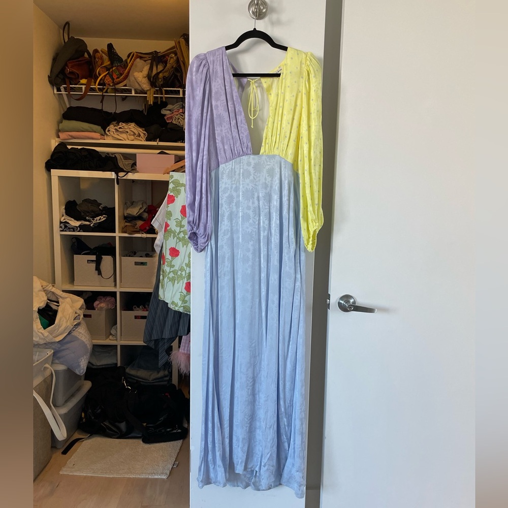 For love and lemons colorful silky full-length deep V front and back dress